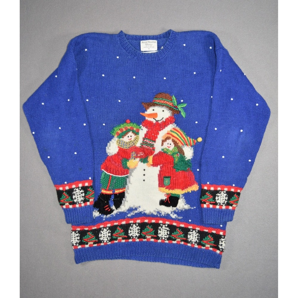 Marisa Christina Sweater Womens Medium Blue Snowman Christmas Hand Knit Vintage